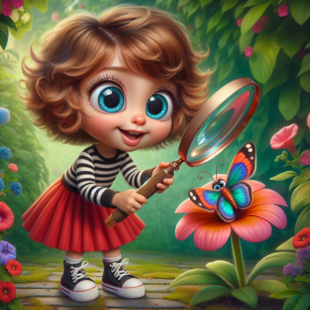 Whimsical Girl Investigates Colorful Butterfly in Vibrant Ga...