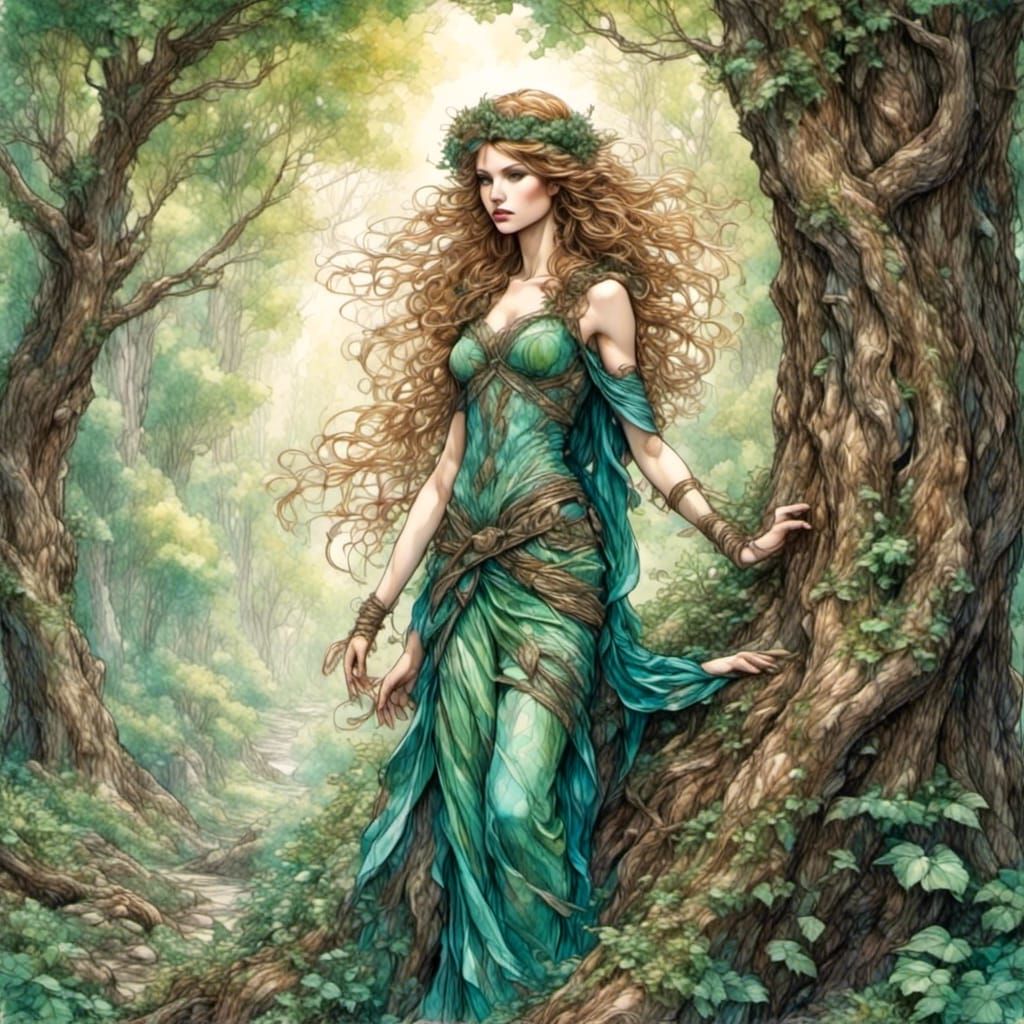 Dryad Emerges from Tree in Fantasy Woodland