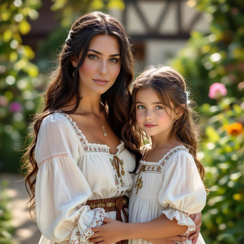 Medieval Woman with Daughter in Flemish Garden