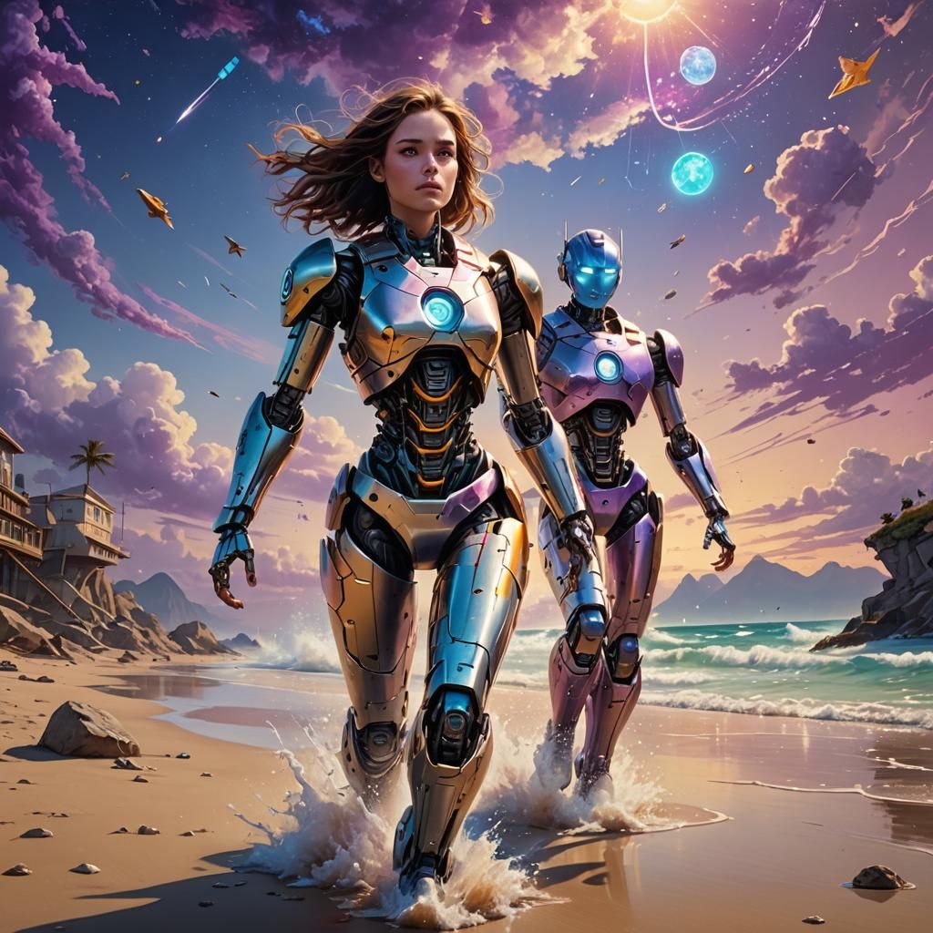 Cyborg Girl Runs on Fantasy Beach