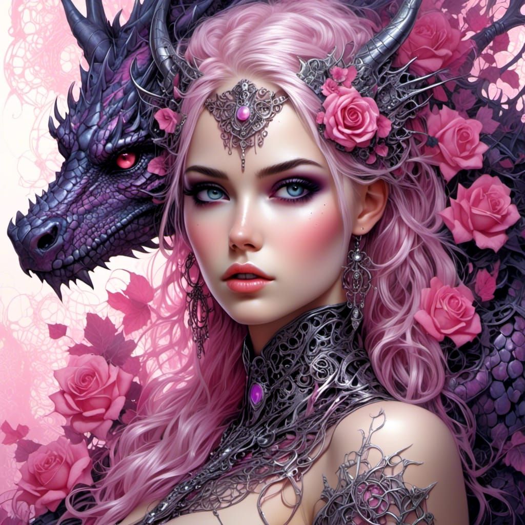 Beautiful Woman and Dragon in Gothic Armor