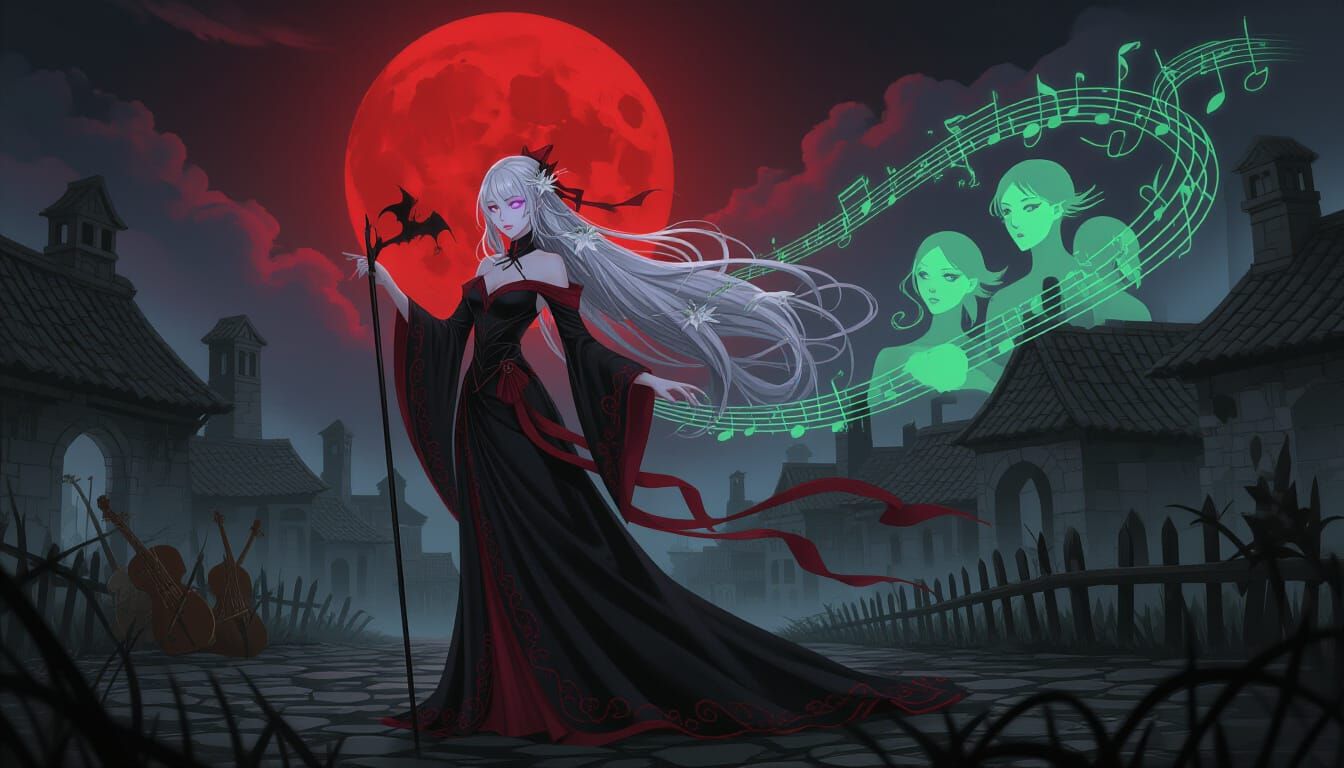 Ethereal Anime Woman in Ruined Village Under Red Moon