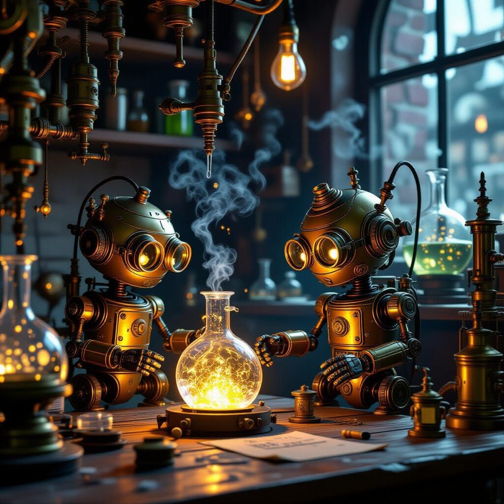 Intricate Steampunk Laboratory with Tiny Robots in Bosch Sty...