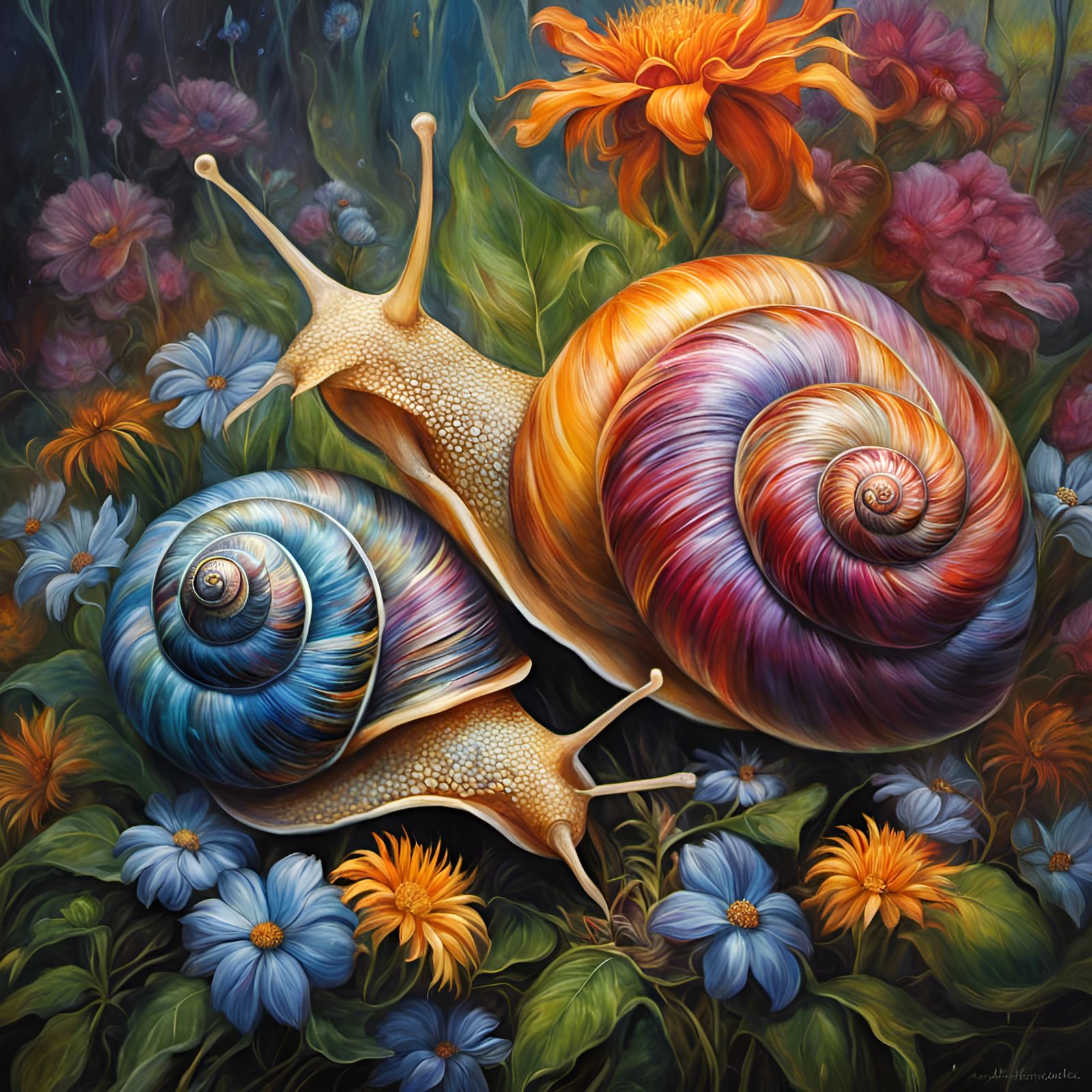 Fantasy Painting of Two Snails in Hyperdetail