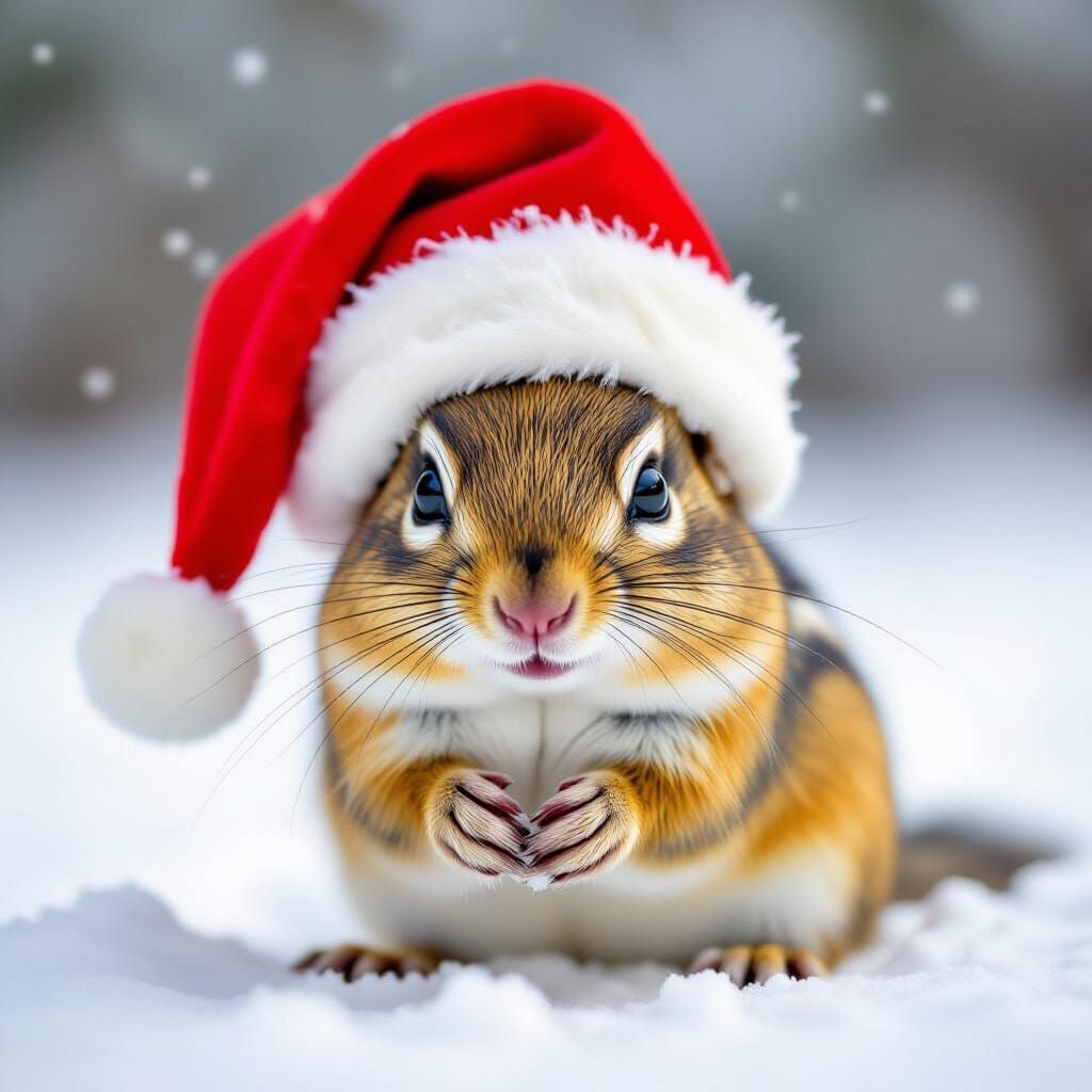 Adorable Chipmunk in Snow Wearing Santa Hat - Festive Photo