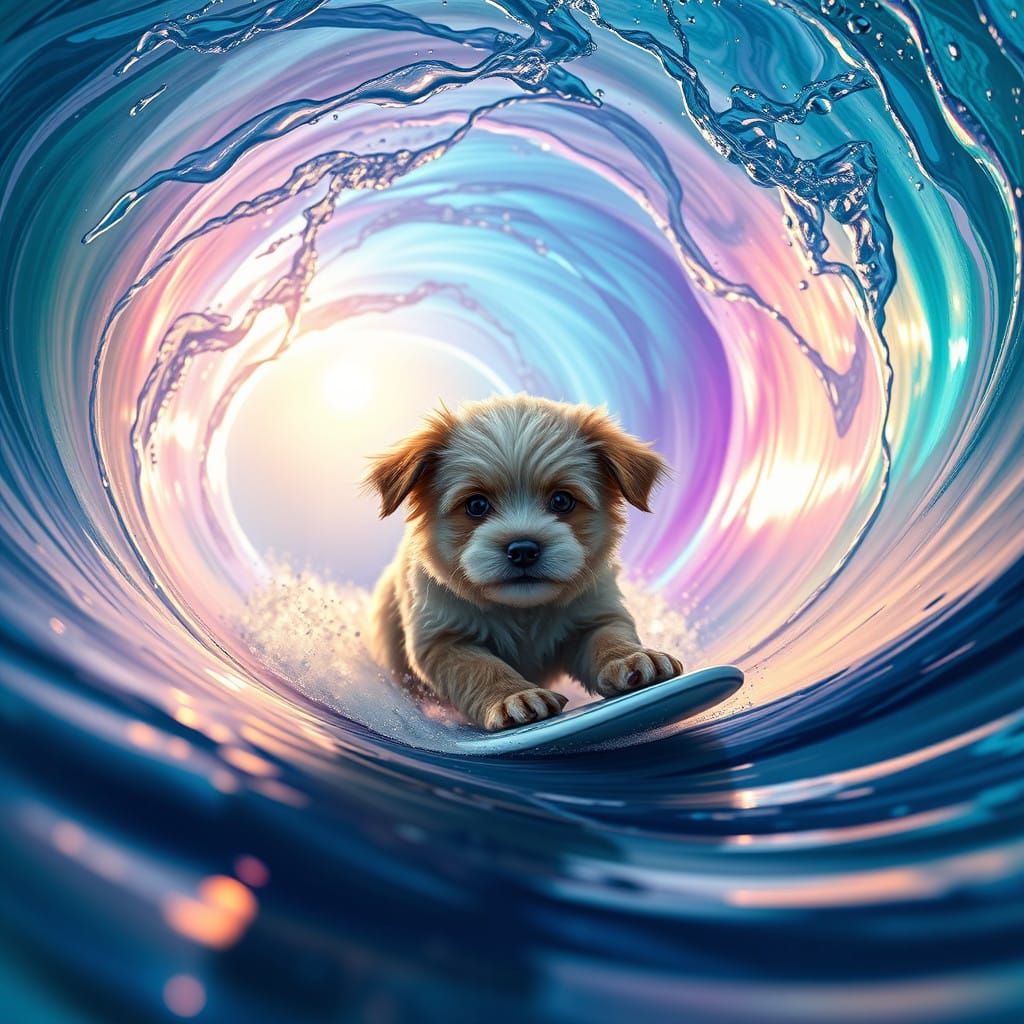 Whimsical Puppy Surfs Vibrant Iridescent Wave in Fairy Tale...