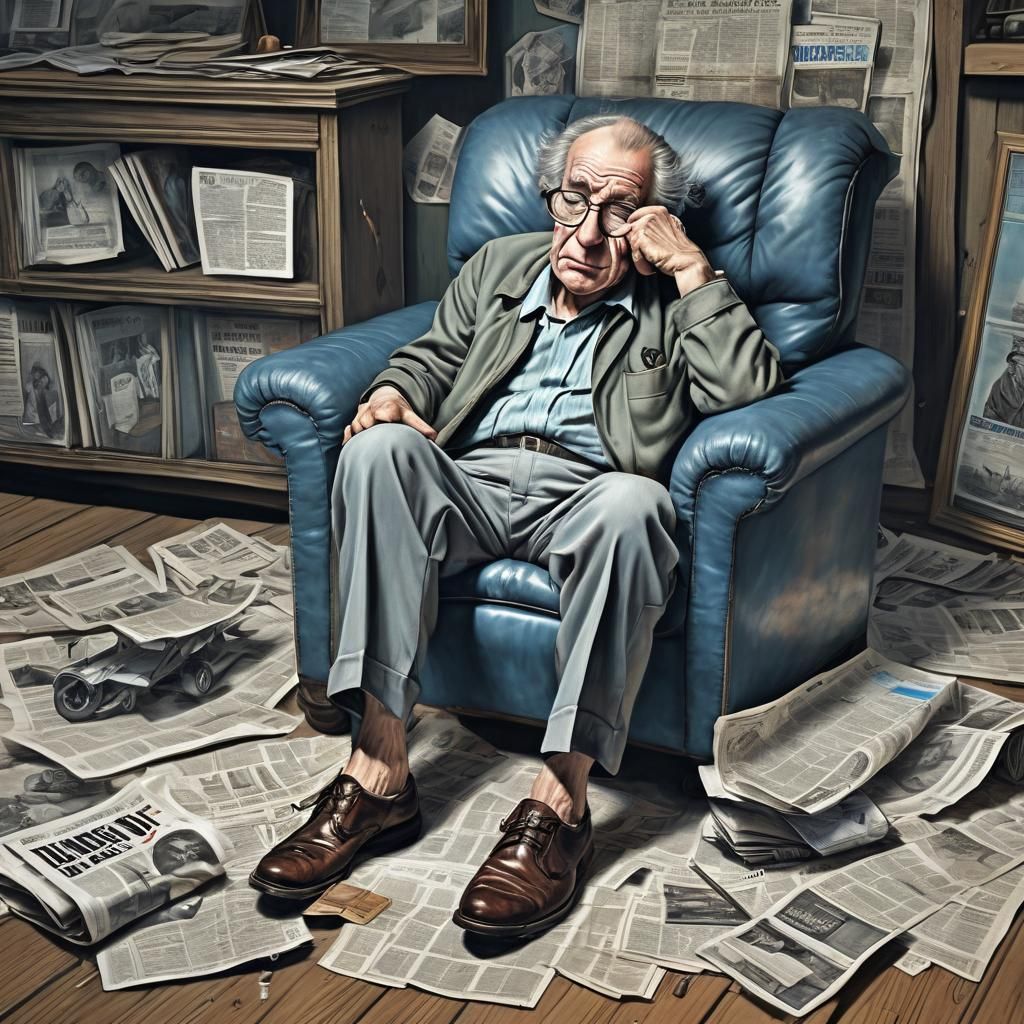 Crying Old Man with Newspaper, Oil Painting