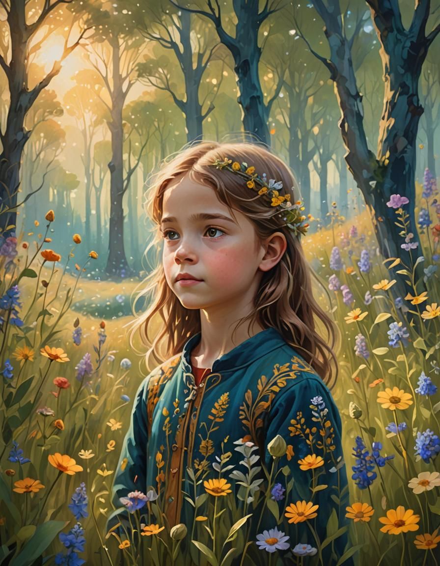 Child in Meadow: Whimsical Fantasy Illustration