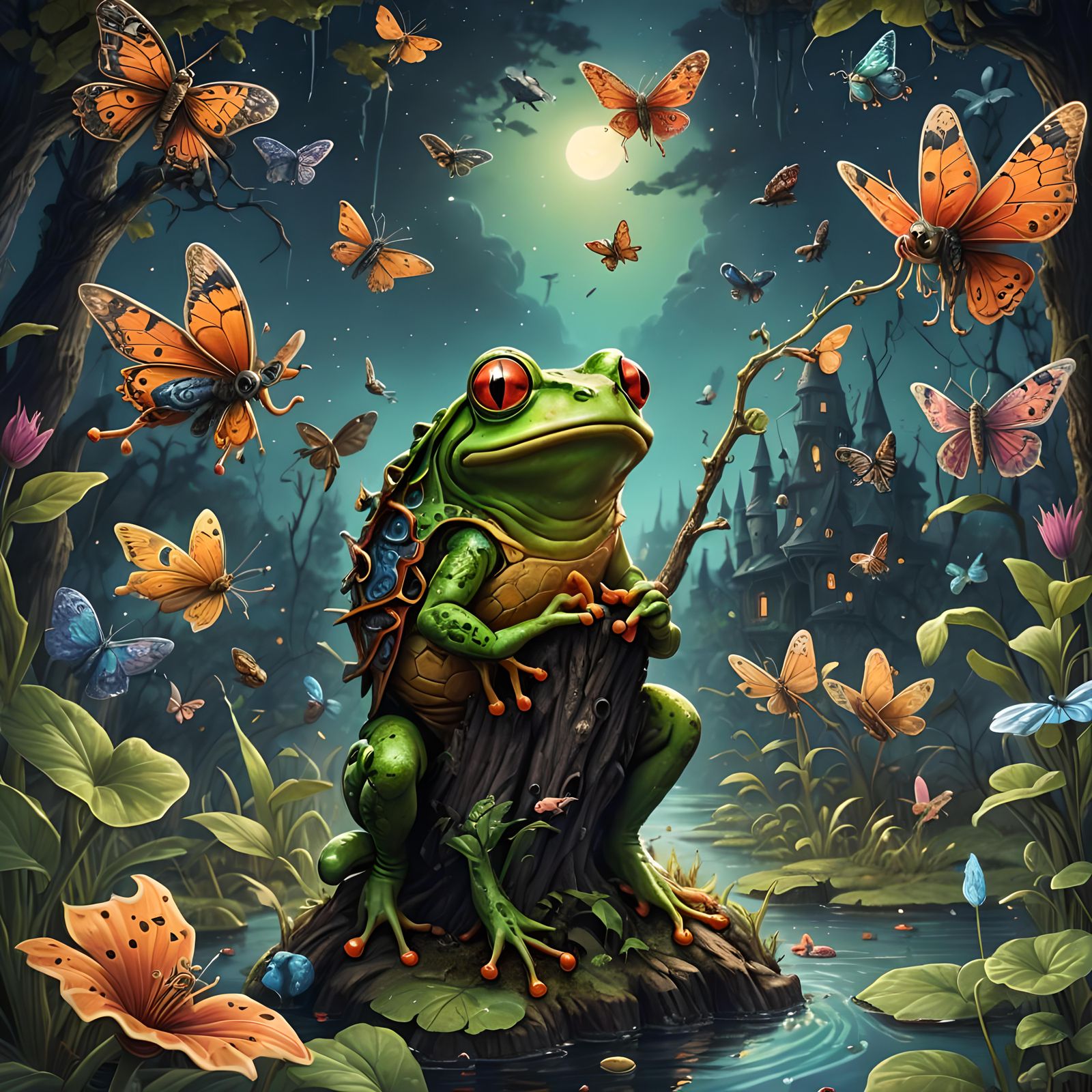 Surreal Crayon Frog Catching Moths: Detailed Illustration