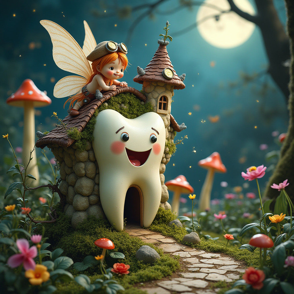 Tooth Fairy Building a House in Dreamlike Art Style