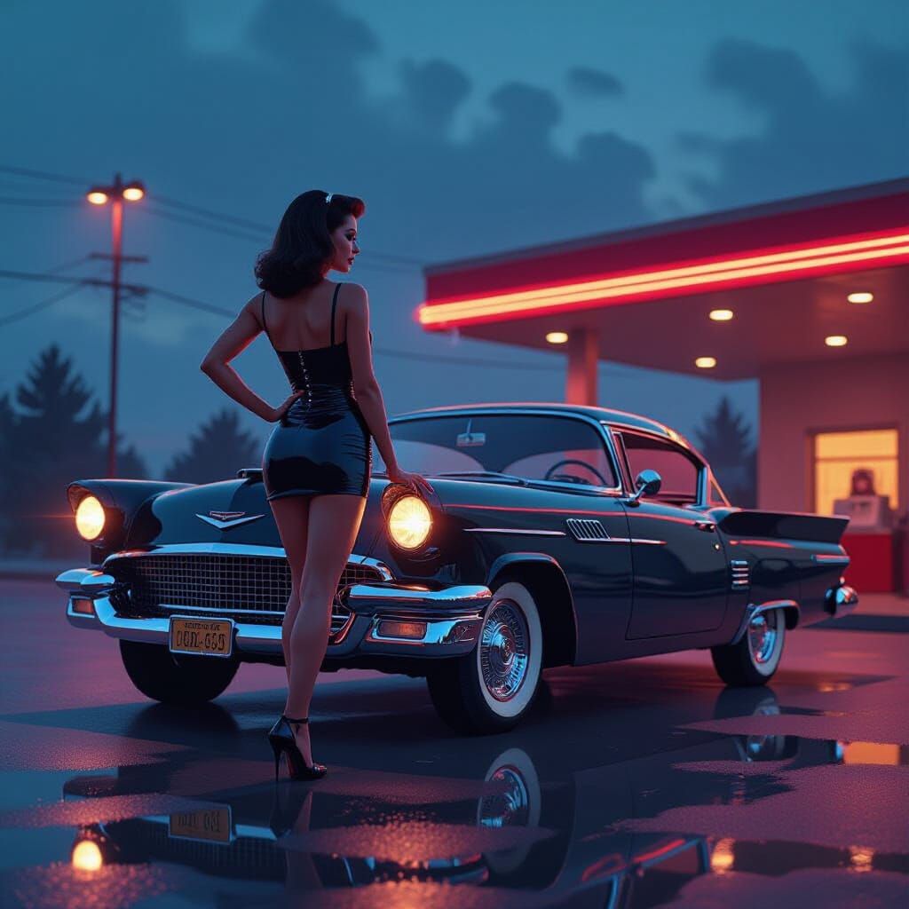 1950s Pin-Up Girl with Car in Neon Noir Style