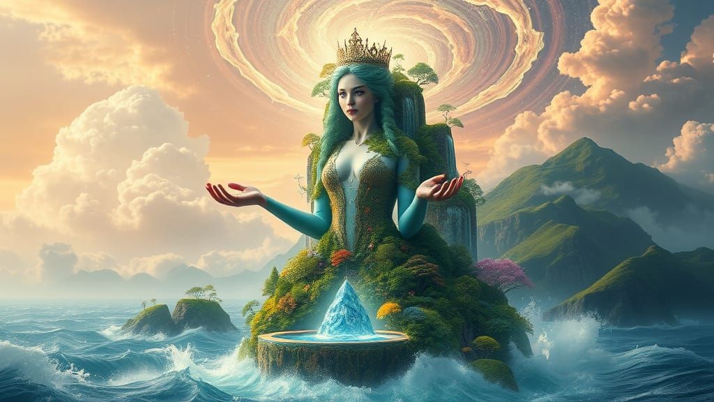 Serene Princess in Vibrant, Surreal Landscape
