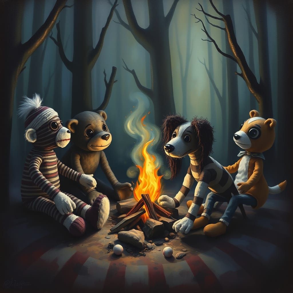 A group of mismatched stuffed animals, including a one-eyed ...