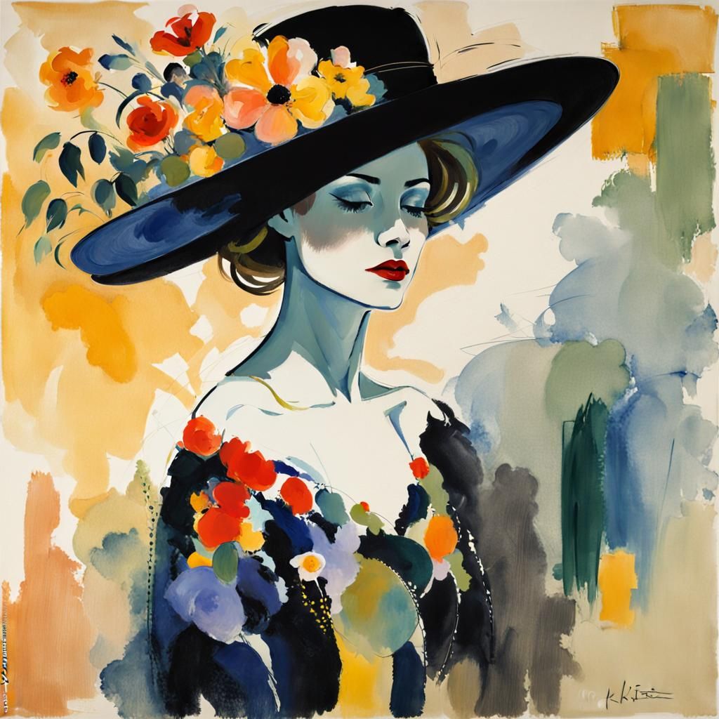 Elegant Woman Silhouette with Floral Hat in Modern Style