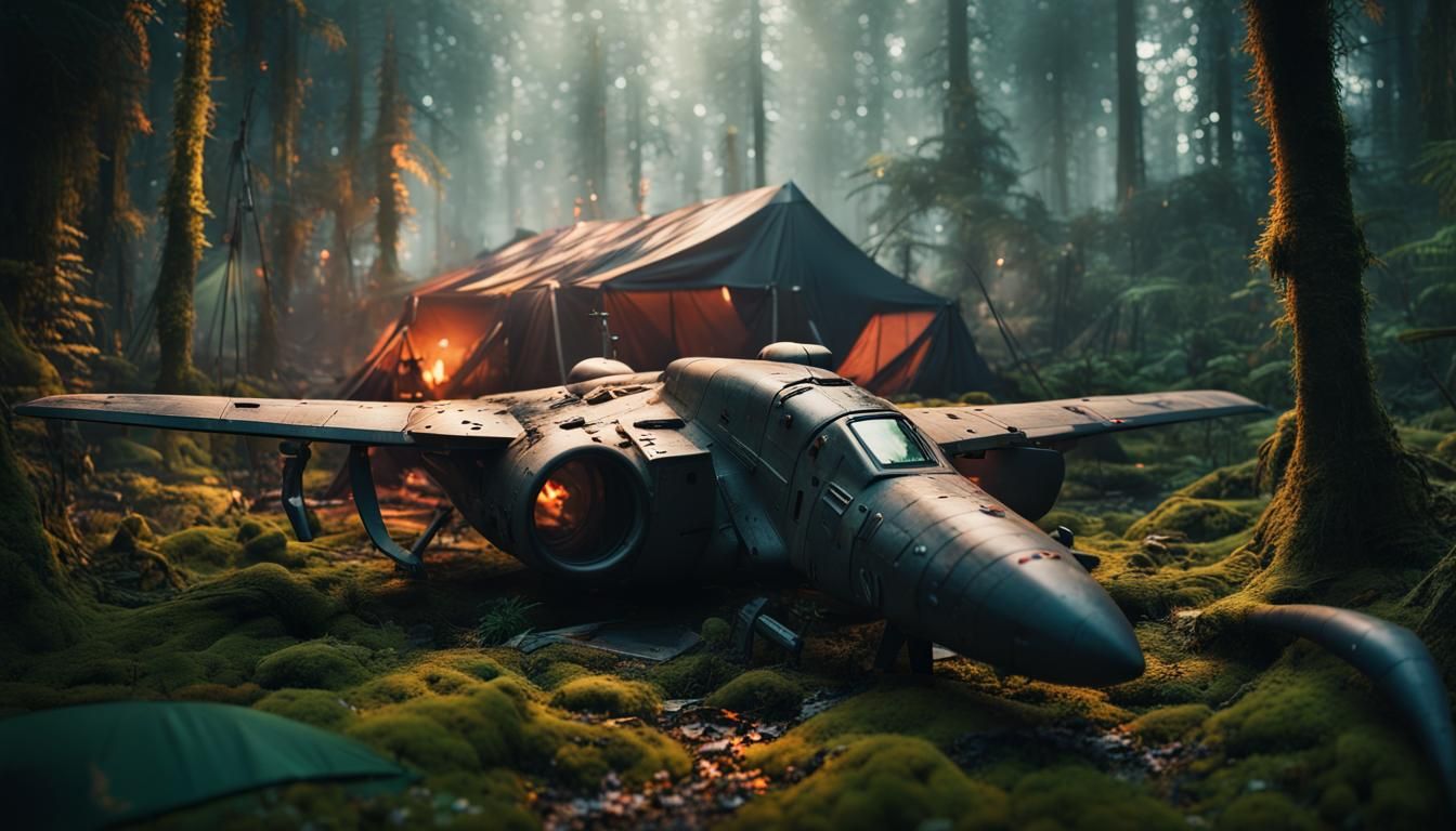 Wrecked Plane in Cyberpunk Forest Scene