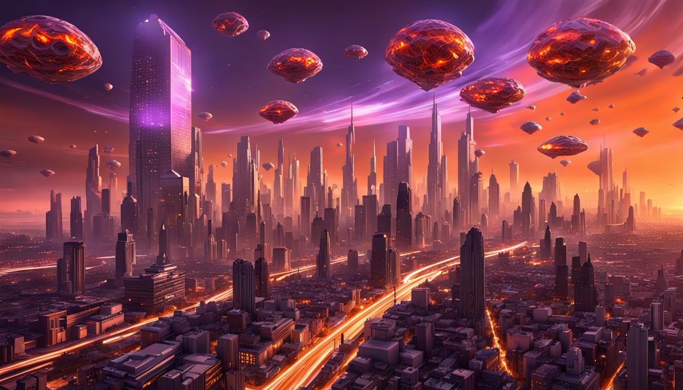 Futuristic Cityscape with Flying Vehicles in Dark Fantasy St...