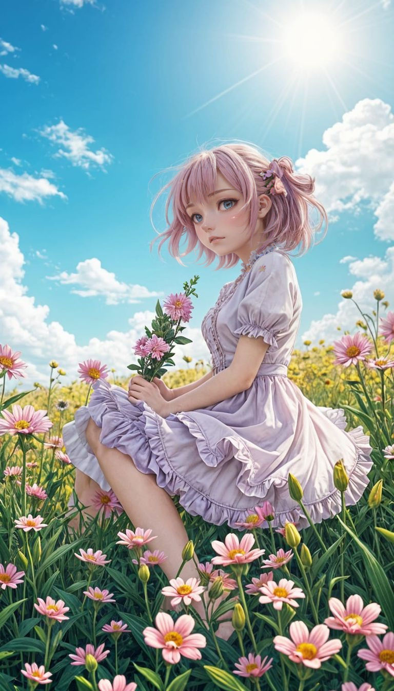 Anime Girl in Colorful Flower Field: 8K Resolution