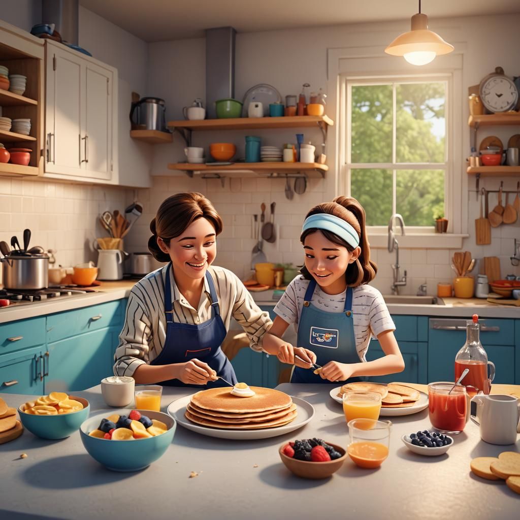 Mother and Daughter Making Pancakes: 3D Digital Art