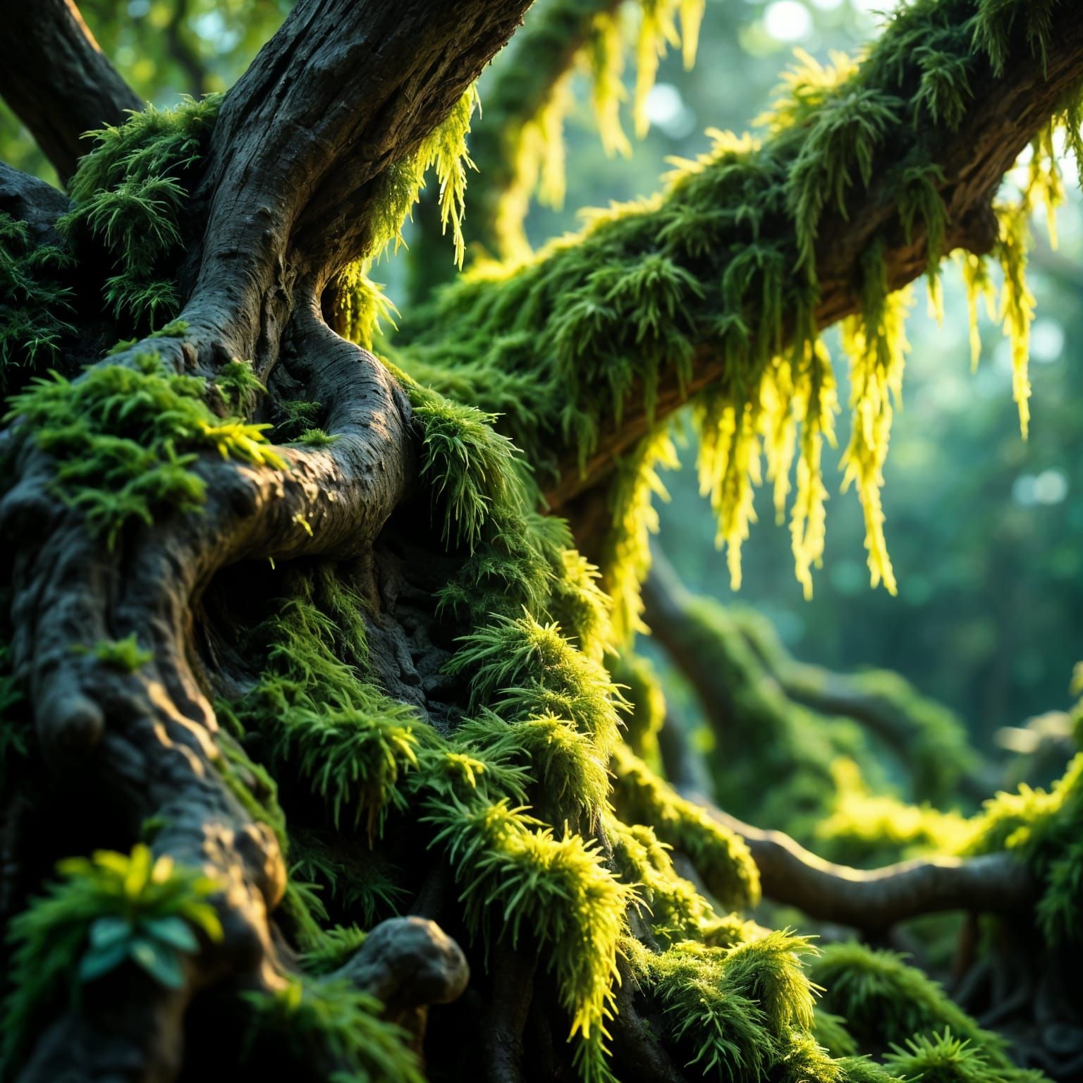 Vibrant Spanish Moss Macro, Ethereal Hyperrealism