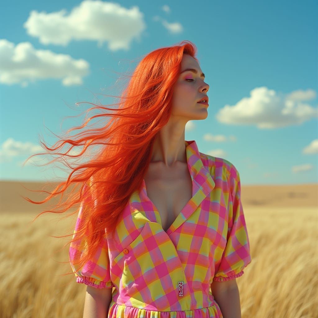 Vibrant Gingham Dreamscape with Red Hair