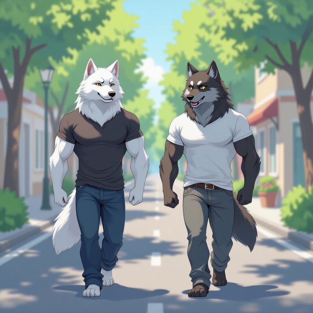 Two Smiling Wolves Enjoy a Spring Morning Walk