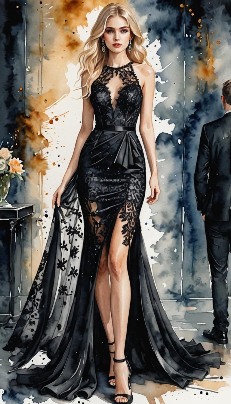 Blonde Woman in Black Lace Gown at Night