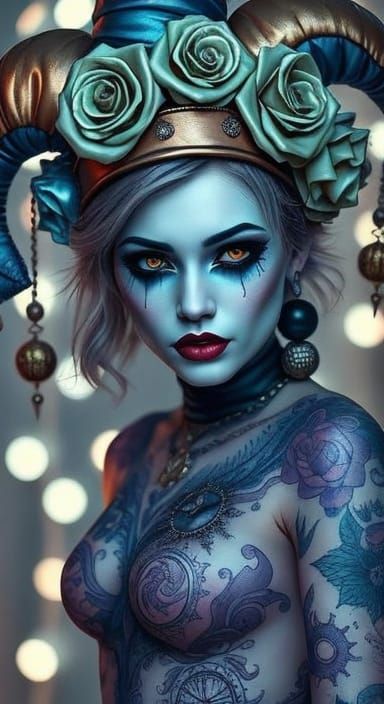 Gothic Harlequin Portrait with Steampunk Tattoos