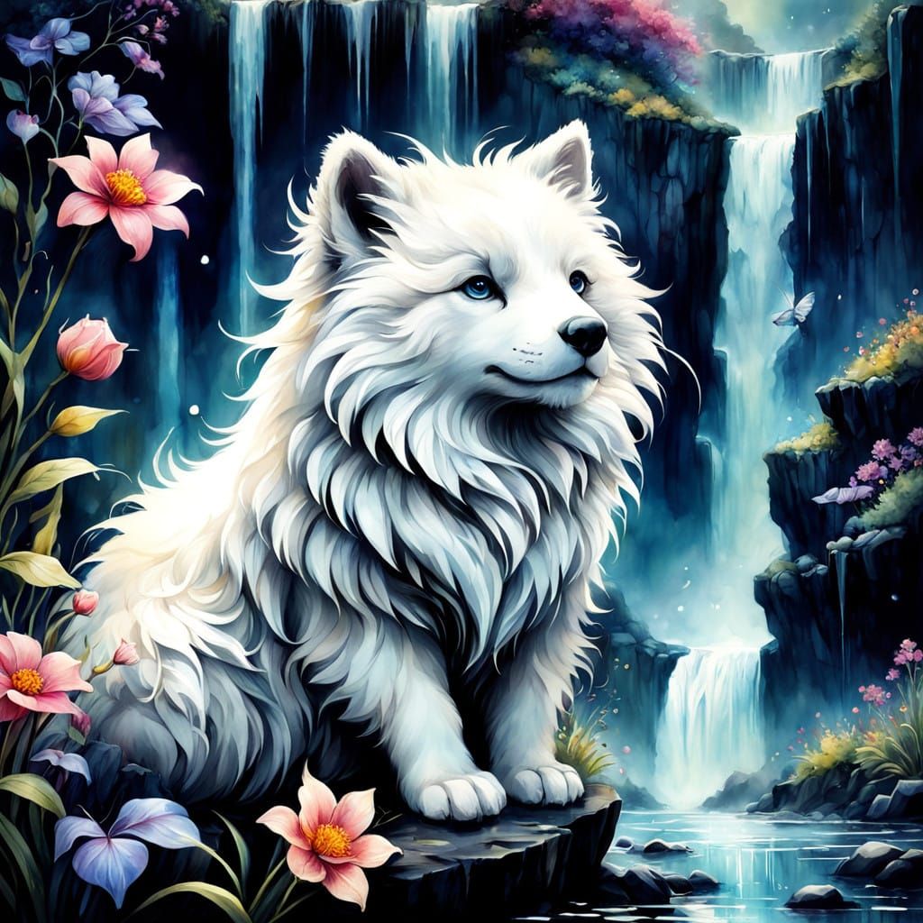 Enchanted Waterfall Fantasy in Impasto Watercolor Style