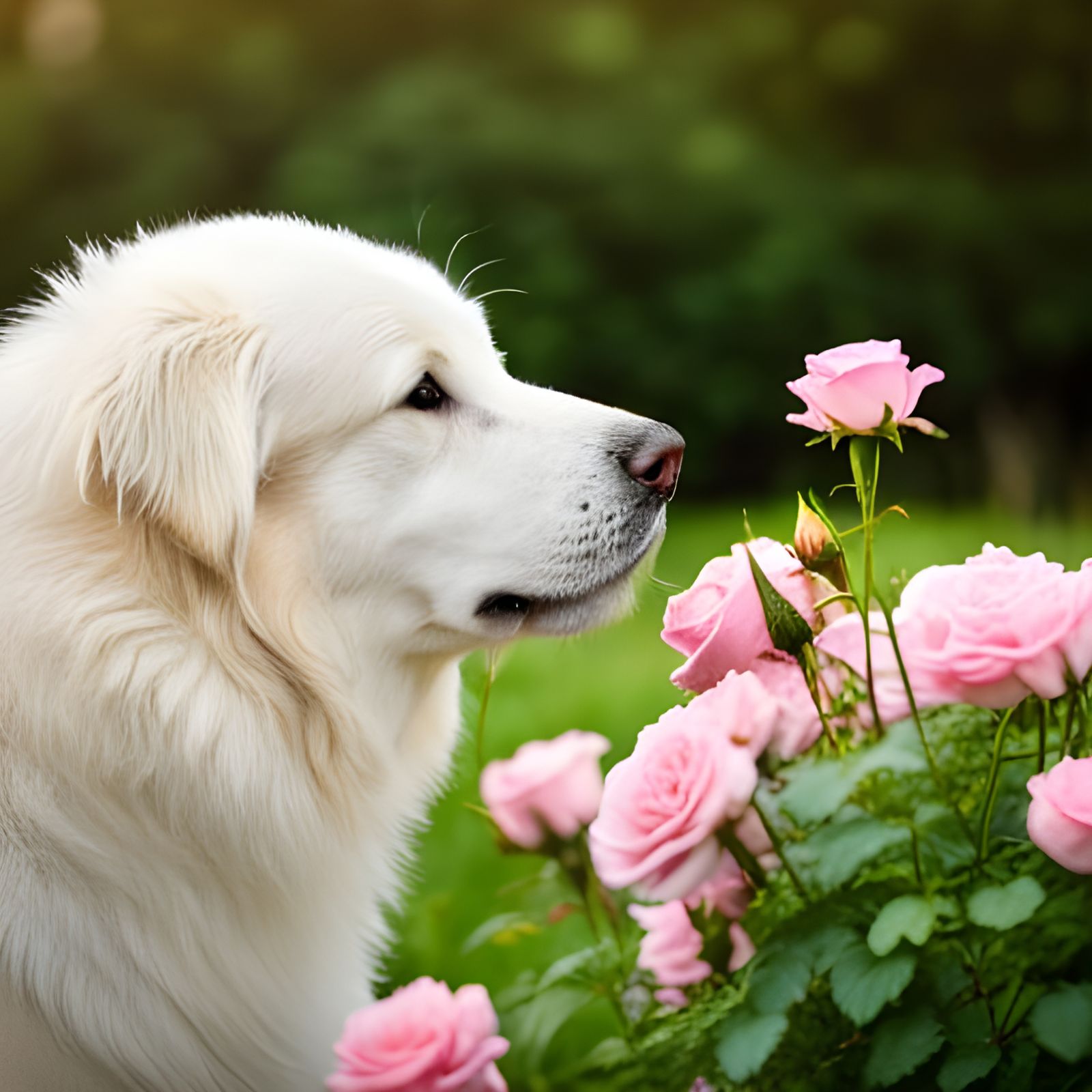 Great Pyrenees Smelling Roses in Garden