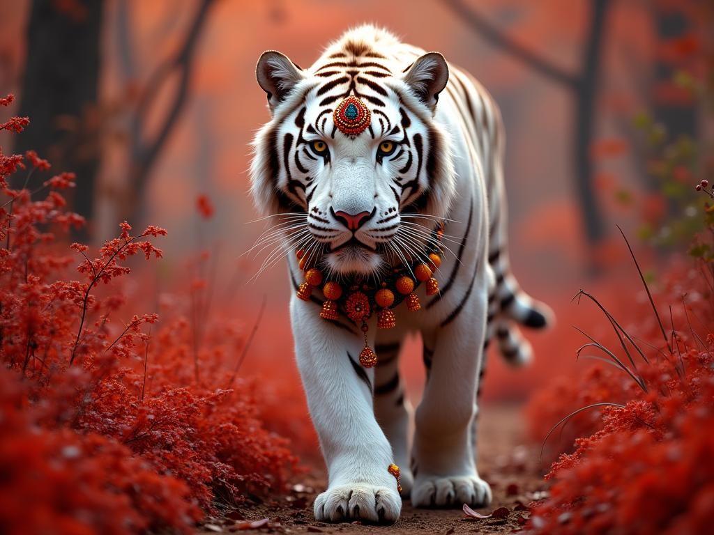 Majestic White Tiger in Jungle with Hindu Artifacts