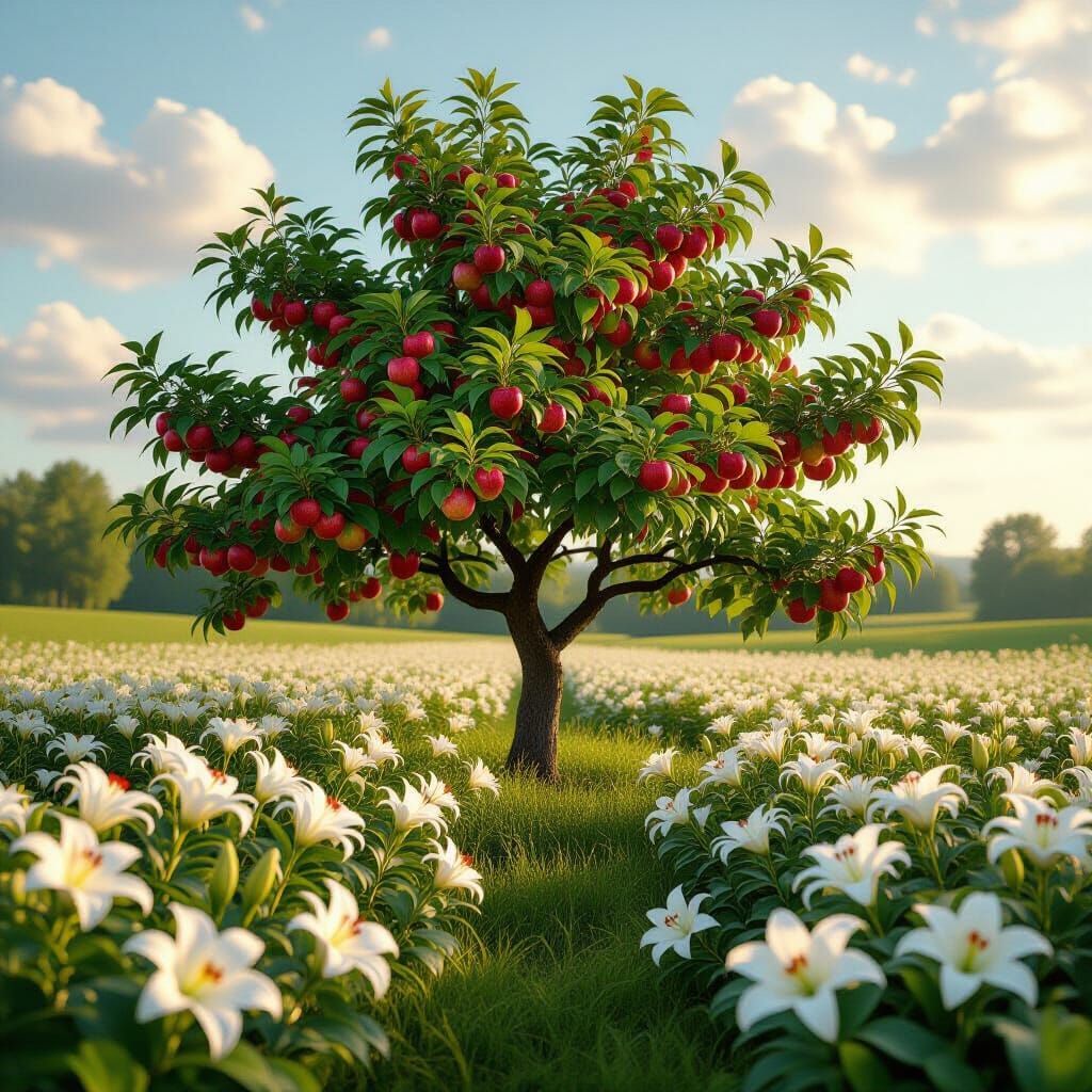 Majestic Apple Tree in Lily Field: Hyperrealistic Landscape