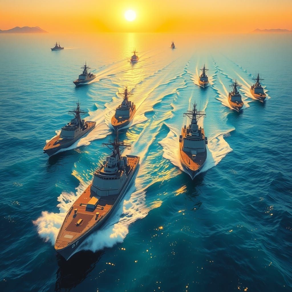 Hellenic Navy Destroyers and Frigates in Aegean Sea Sunset