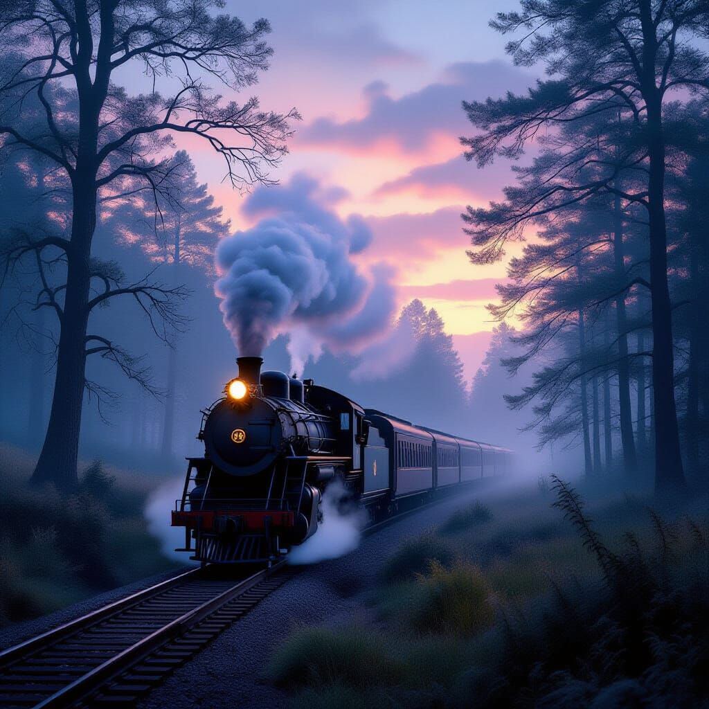 Mystical Steam Train in Foggy Meadow at Dawn