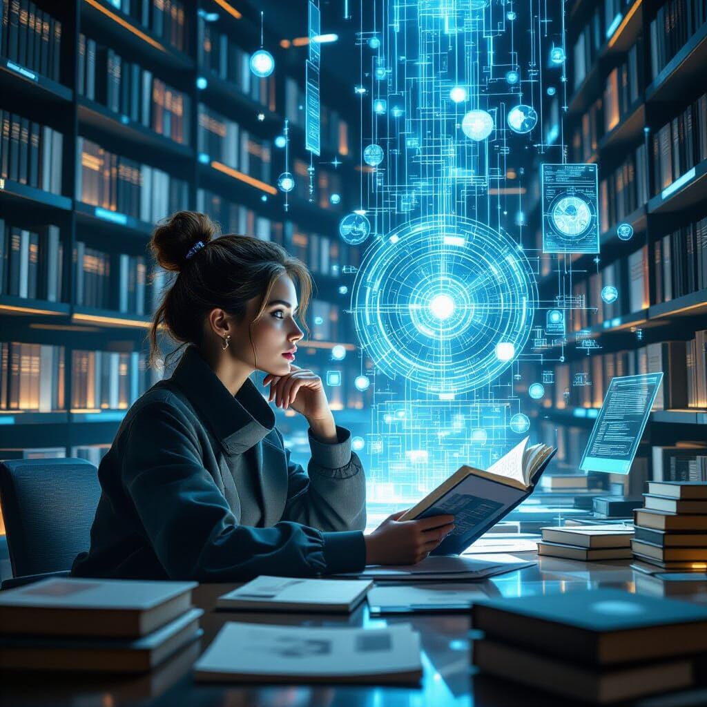 Futuristic Woman Ponders Puzzle in Dystopian Library