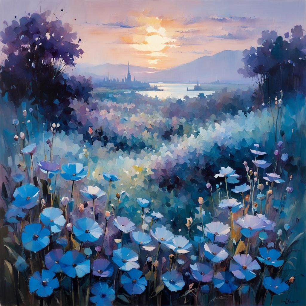 Translucent Blue Flowers in Soft Purple Light