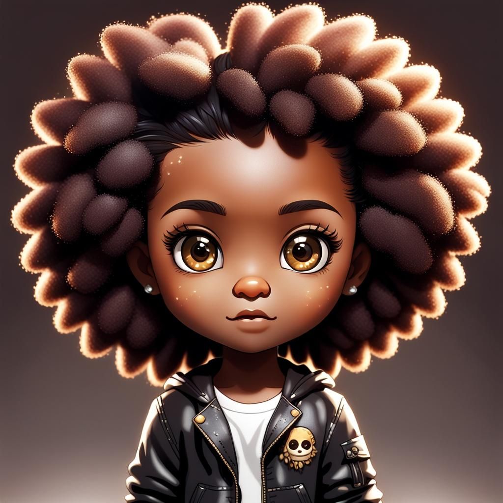 Cheerful Chibi Girl with Afro and African Dress