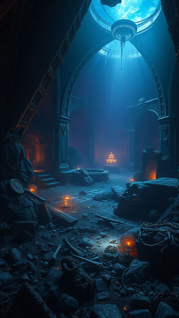 Eerie Ocean Floor with Ancient Relics