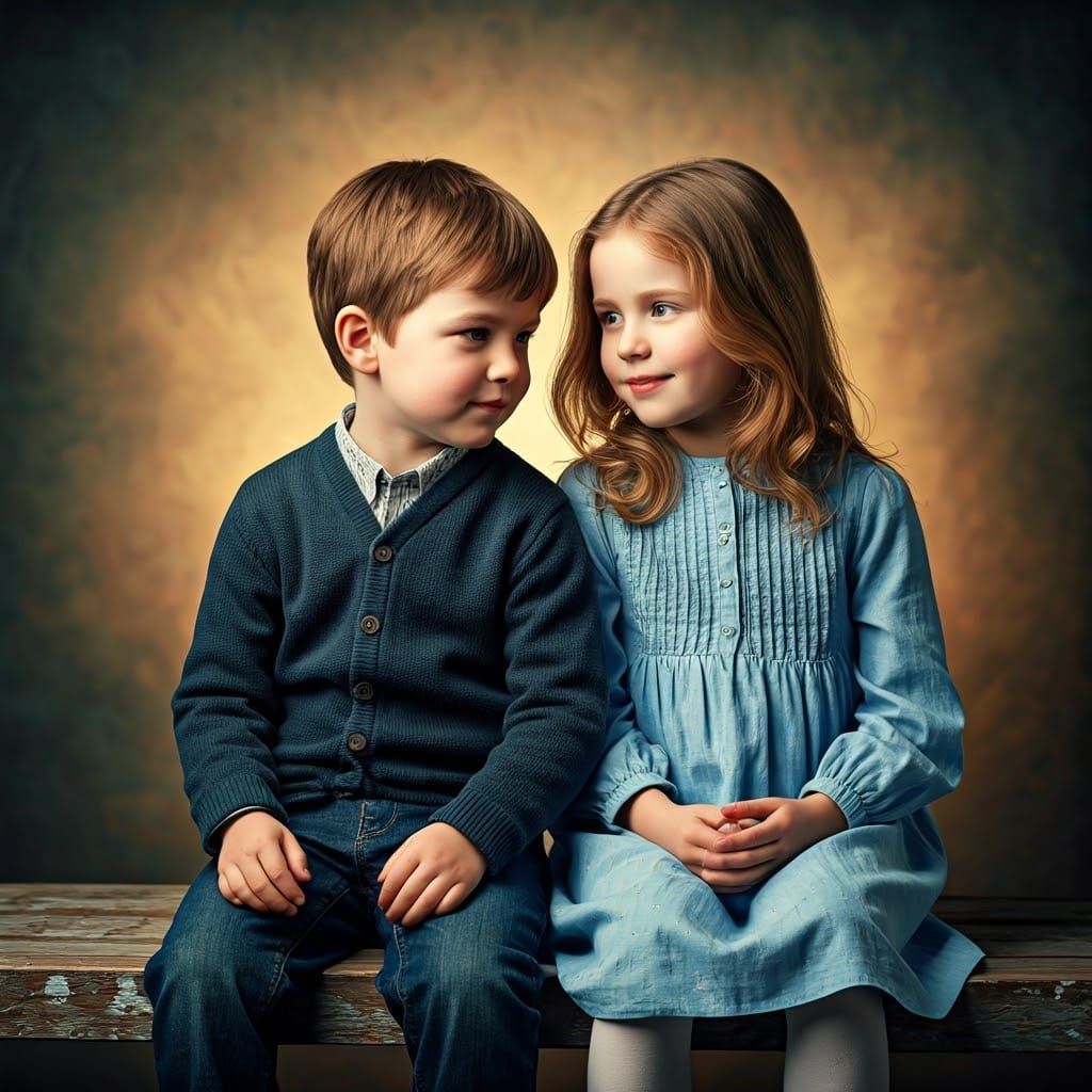 Siblings on Wooden Bench in Impressionist Style