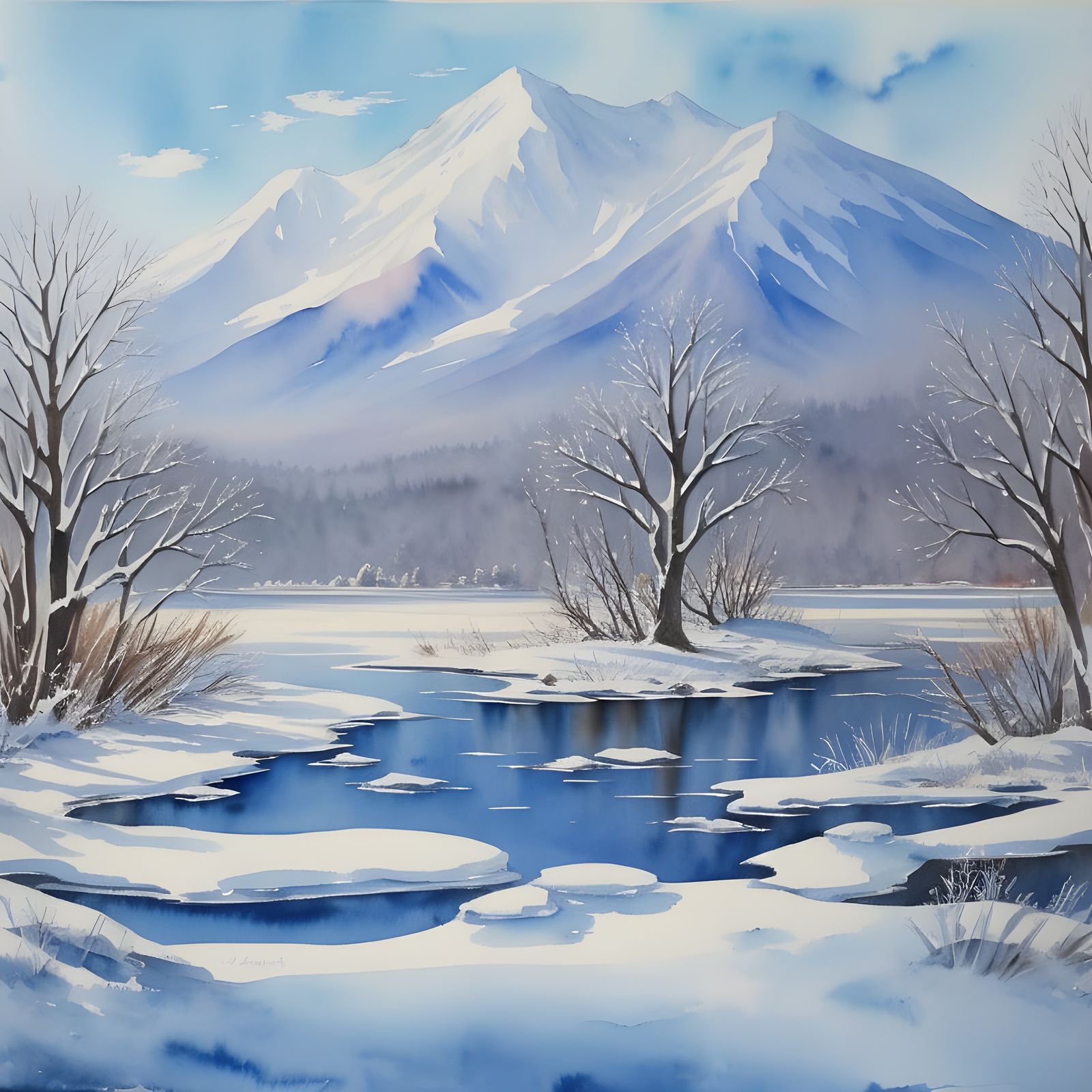 Serene Watercolor Winter Landscape Scene