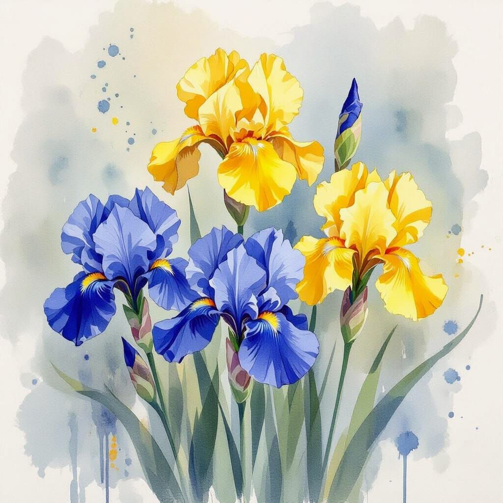 Watercolor Sketch of Iris Flowers with Droplets