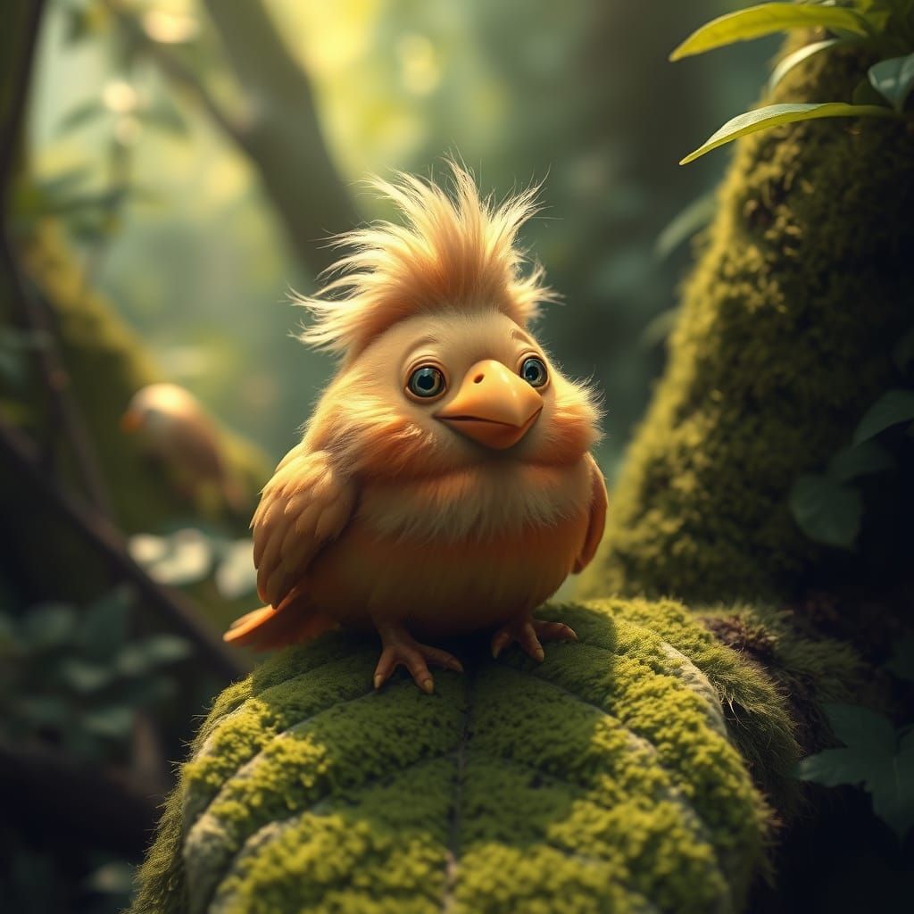 Whimsical Bird Troll on Mossy Leaf