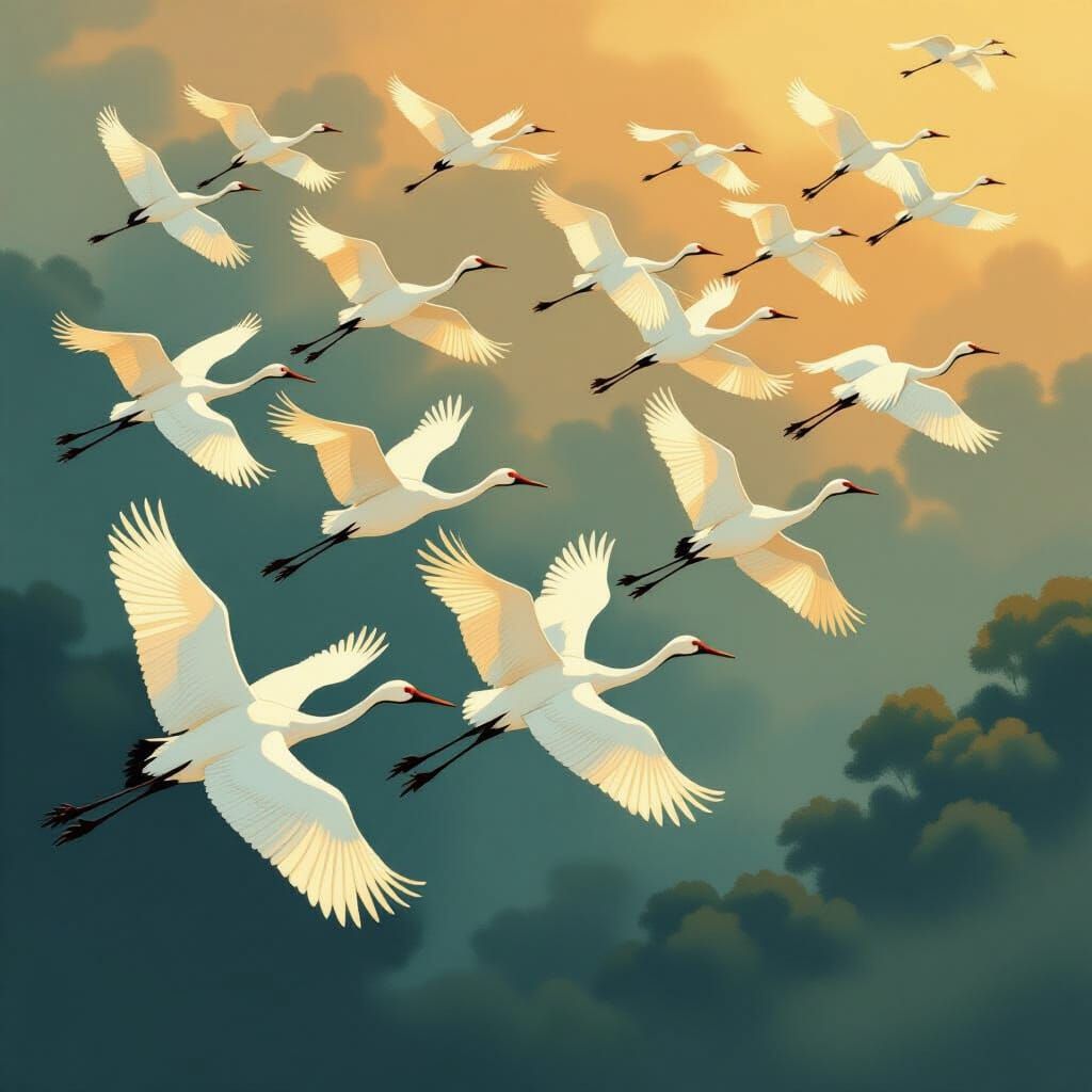 White Cranes in Formation, Miyazaki & Mead Inspired
