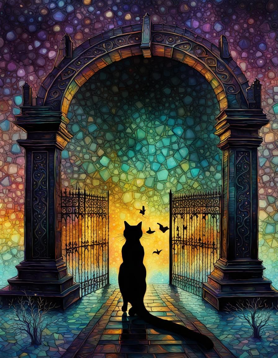 Futuristic Black Cat at Cemetery Gate in Iridescent Ink