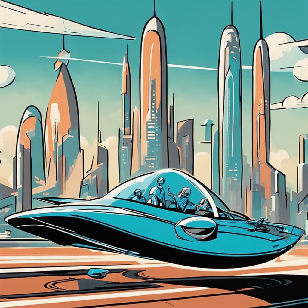 Style retrofuturism, the Jetsons cartoon style flying spaces...