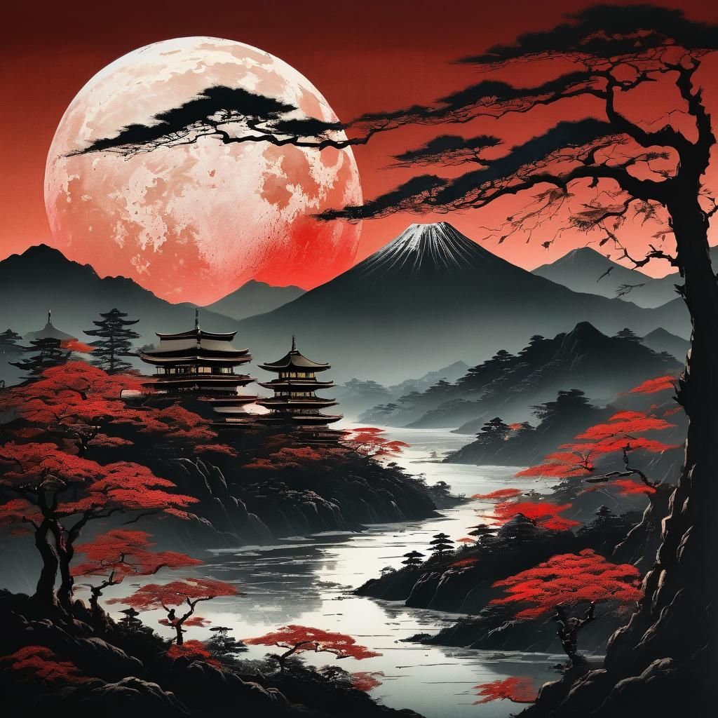 Japanese Landscape Silhouette with Metallic Pointillism Moon