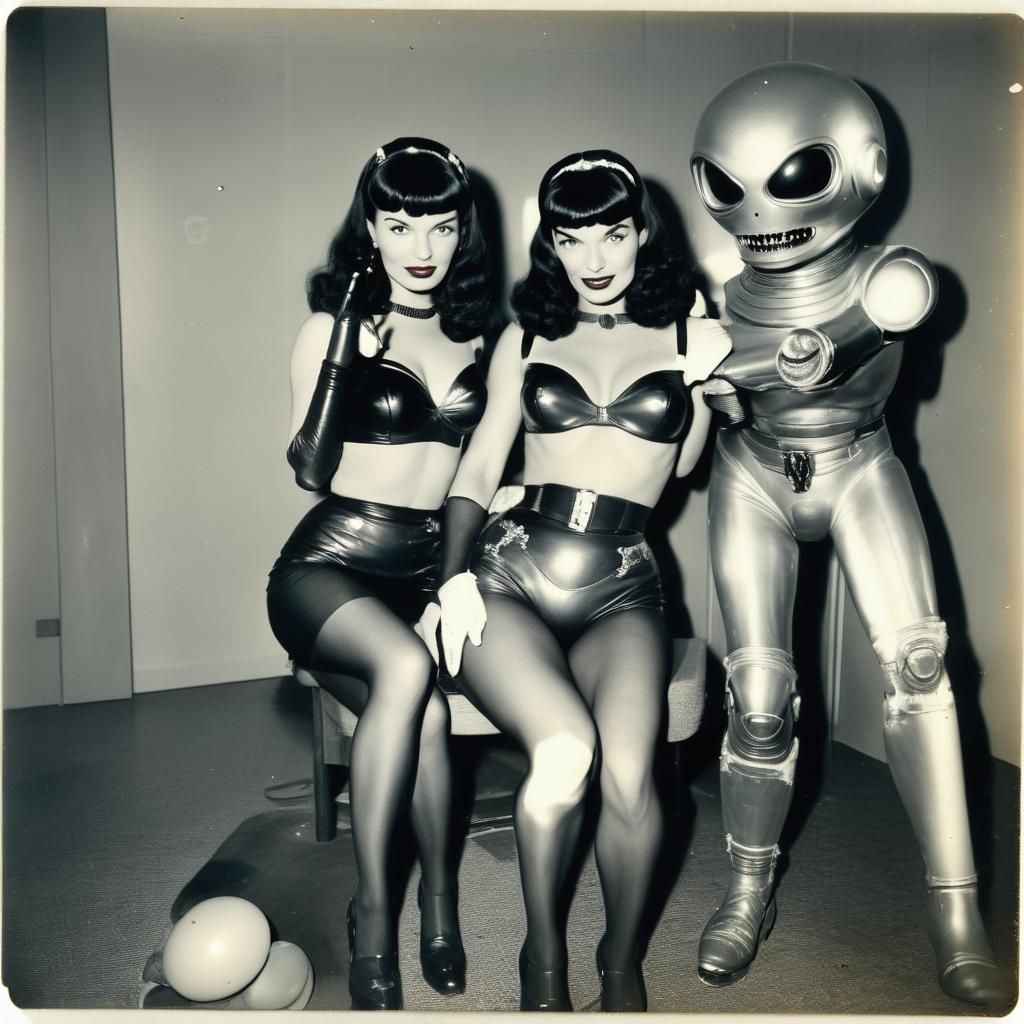 Extraterrestrial and Bettie Page in 1950s Polaroid