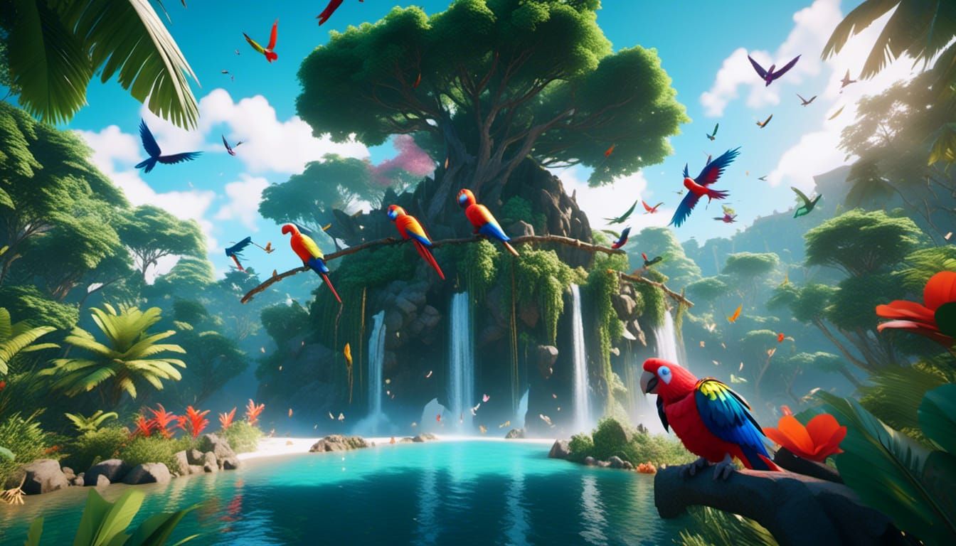 Tropical Island with Rainbow Birds in 3D
