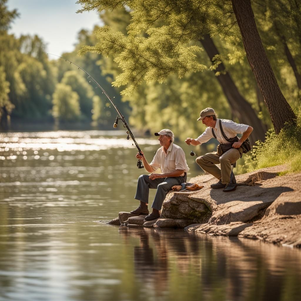 Fishing on Riverbank in Norman Rockwell Style