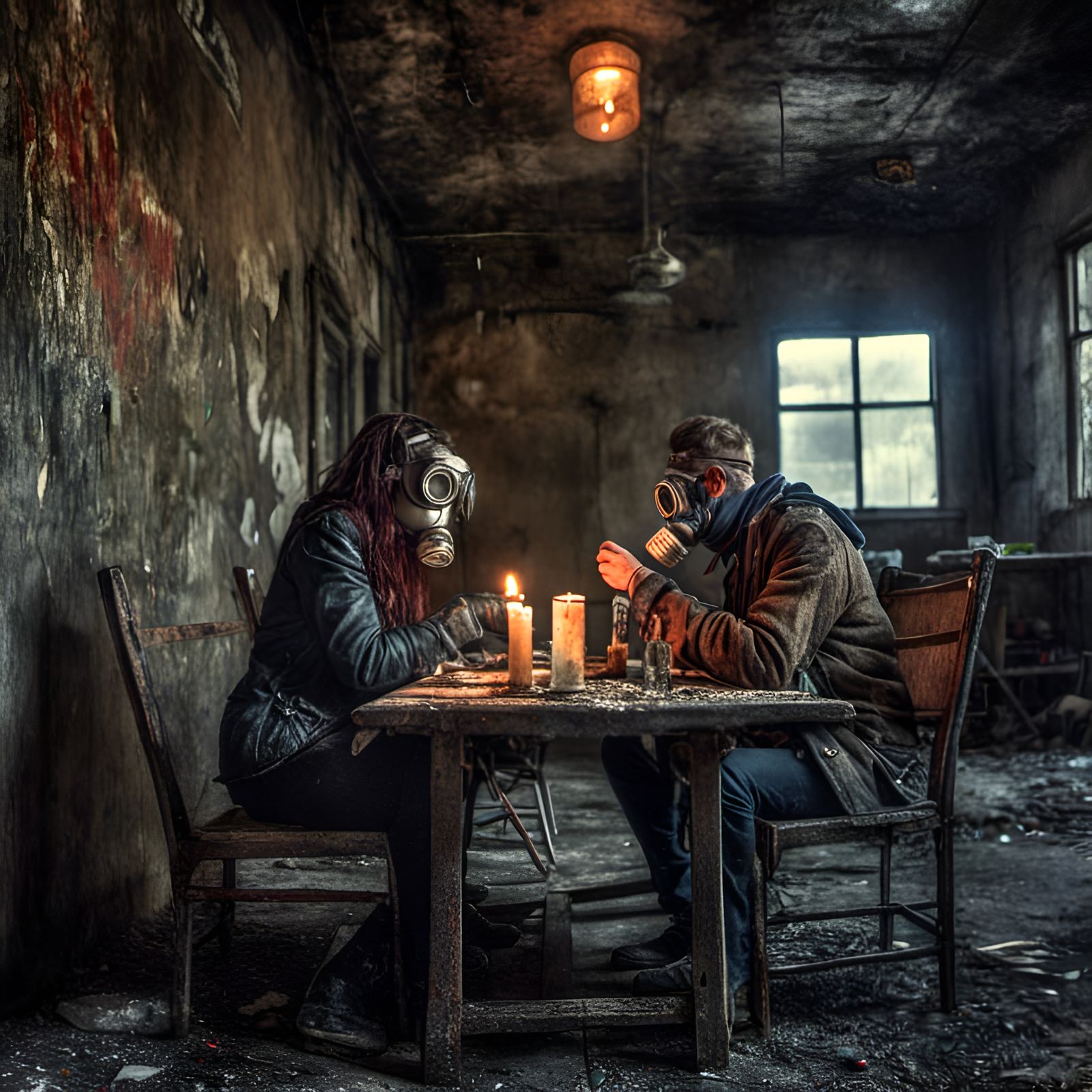 Post-Apocalyptic Couple in Abandoned Restaurant