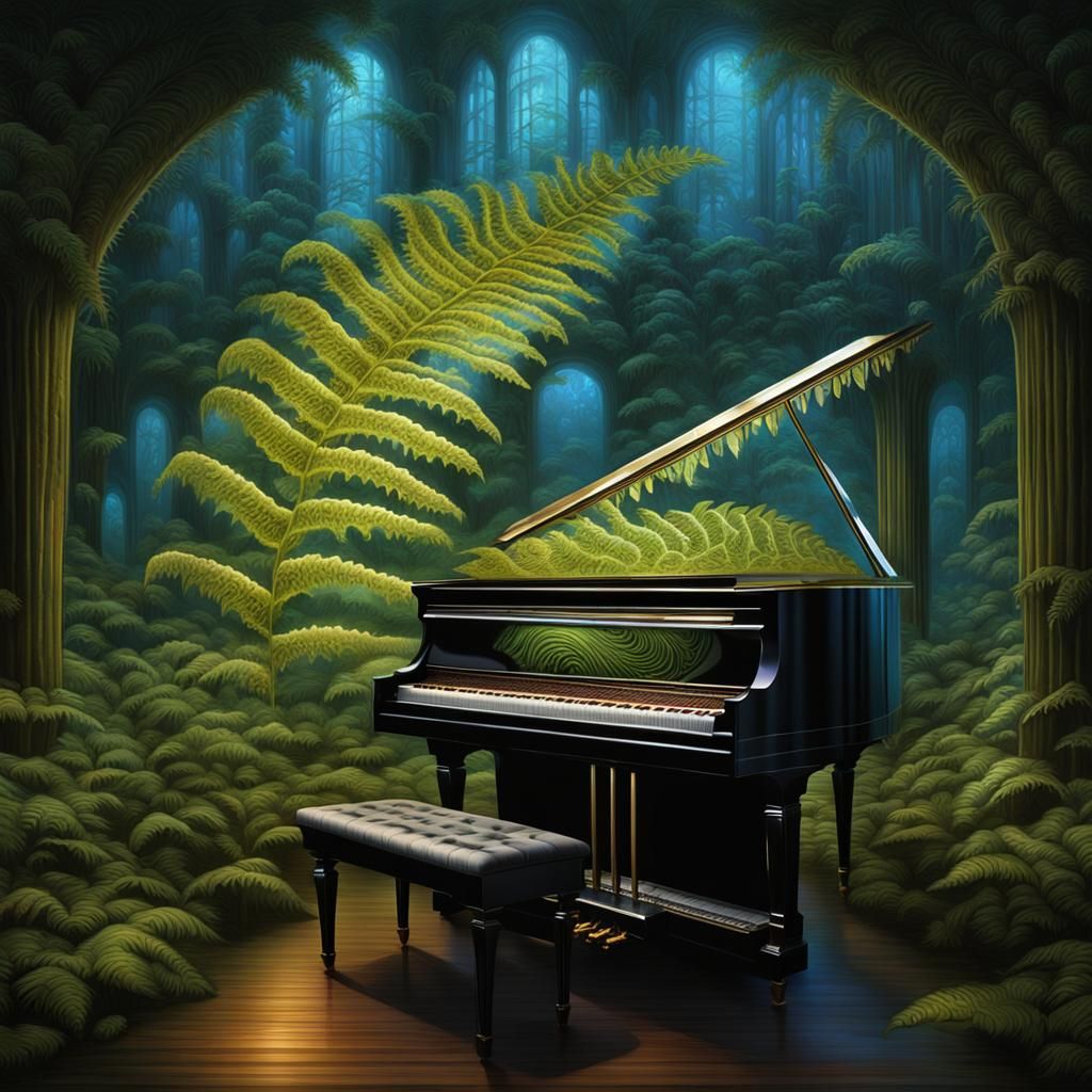 Glass Piano and Fern in Biomechanical Forest